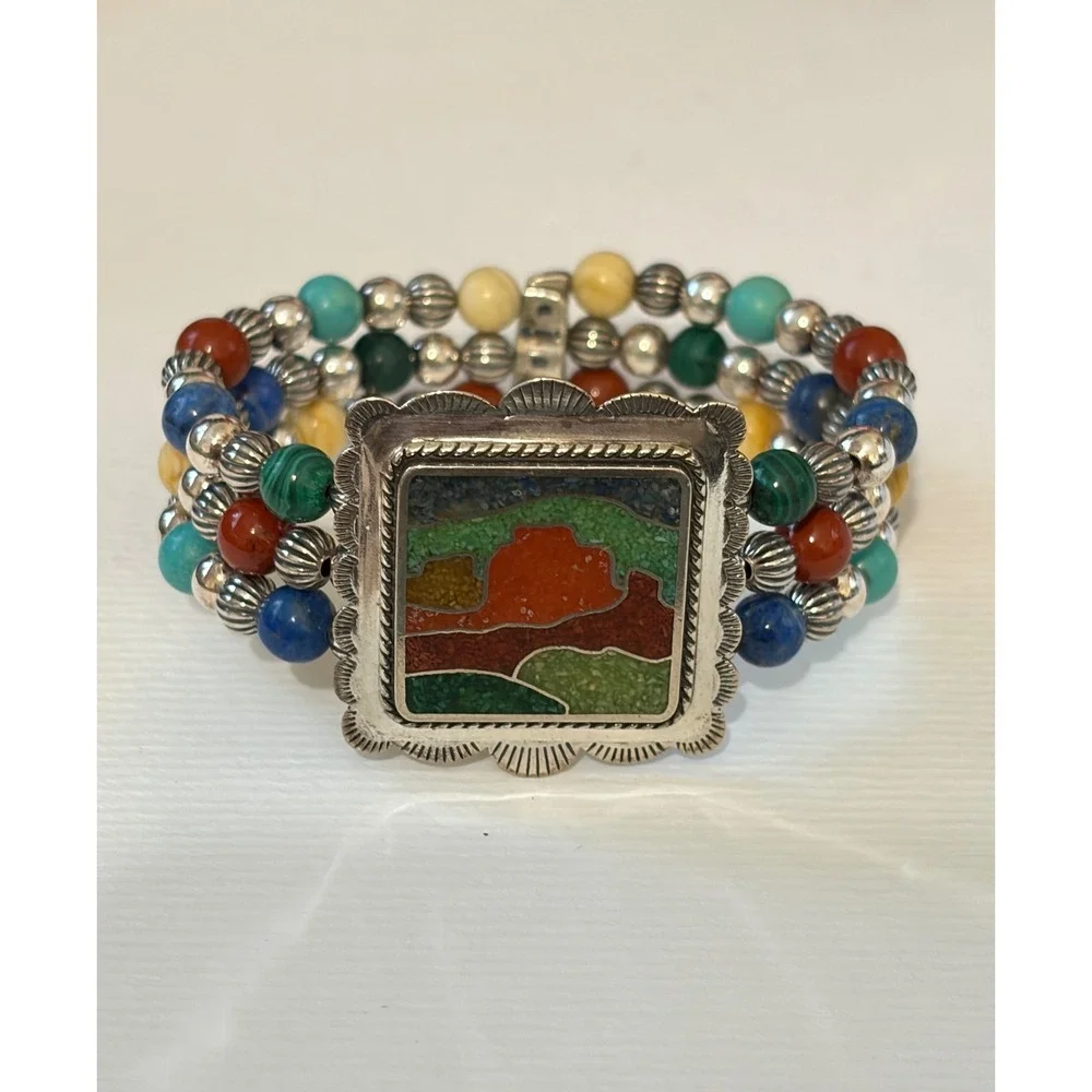 Carolyn Pollack Relios Sterling Multi Gemstone Desert Scene Beaded Cuff Bracelet